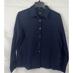 Talbots Navy Eyelet Button Front Shirt Blouse L 100% Cotton